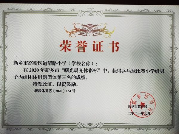 2020年“曙光晨光体彩杯”乒乓球男子丙组团体第三名
